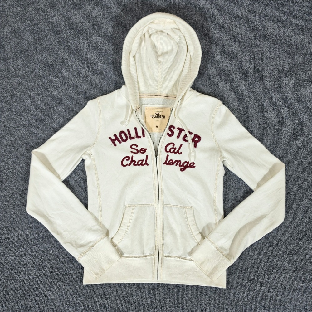 Y2K 2000s Hollister So Cal Challenge Full Zip Hoodie Cream Sweatshirt Womens M